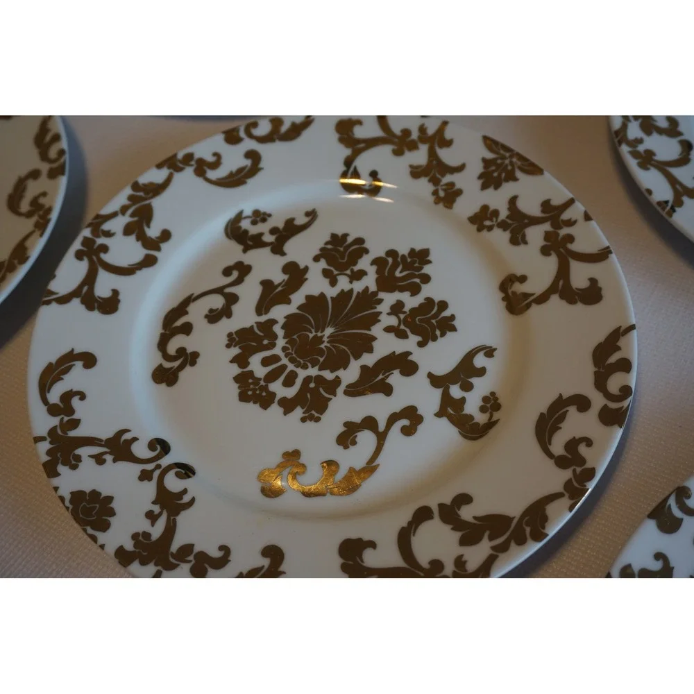 R Table by Rosanna Gold Damask White Porcelain Salad Dessert Plates Set of 5, 8